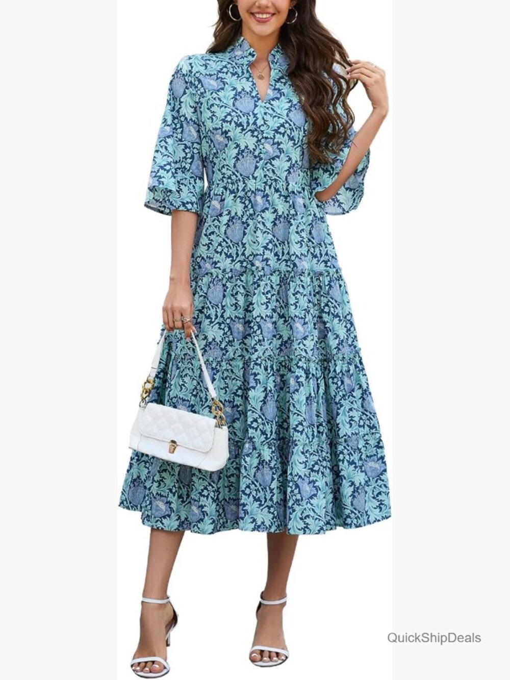 V-Neck Bell Sleeve Flowy Midi Tiered Dress with Pockets